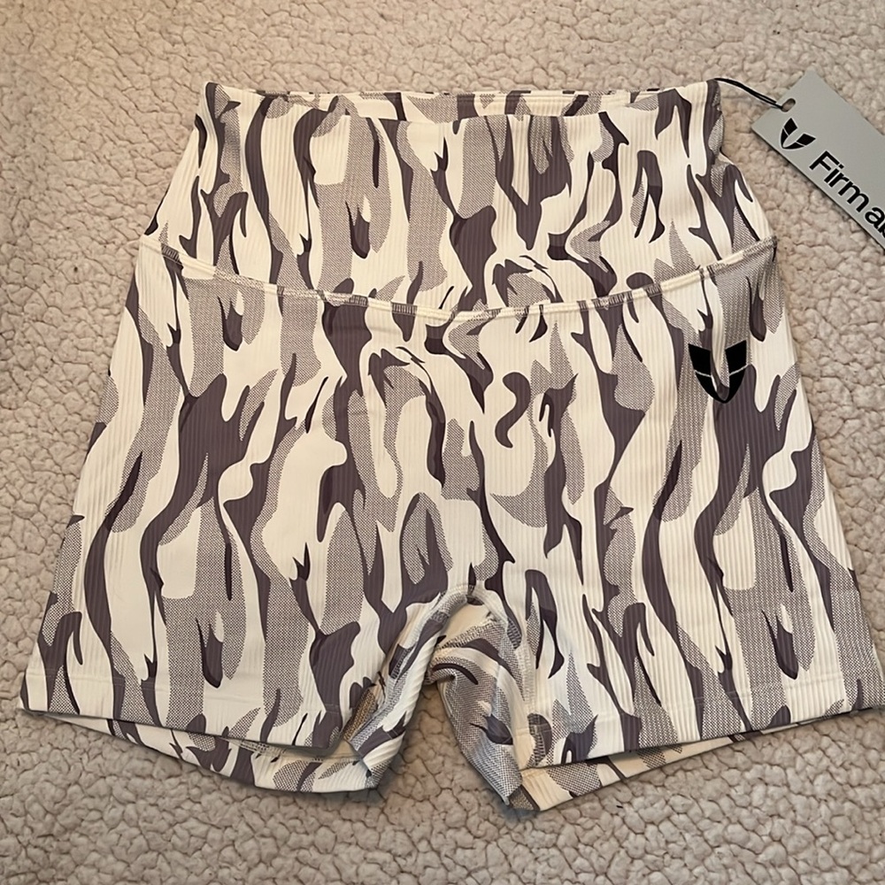 White Camo Firmabs short workout shorts, original bag in first photo